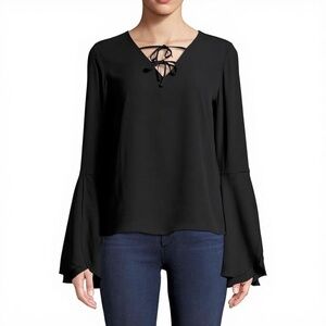 Carmen Marc Valvo V Neck Split Bell Sleeve Blouse Black Medium